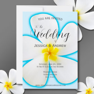 Invitation Tropical, Plumeria blanche sur Bleu, Mariage flora
