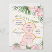 Invitation Tropical Protea et Palm Gold Arch Surprise Party (Devant)