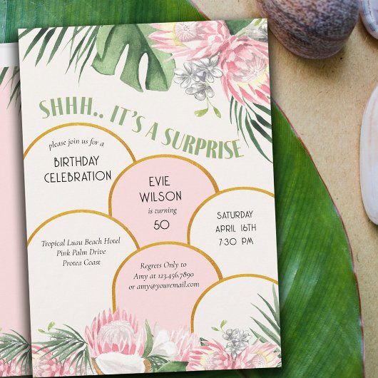 Invitation Tropical Protea et Palm Gold Arch Surprise Party