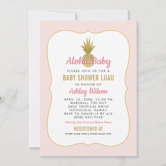 Invitation Tropical rose or ananas bébé fille douche Luau (Devant)