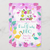 Invitation Tropical Rose Turquoise Palms Flamants roses Thème (Devant / Derrière)