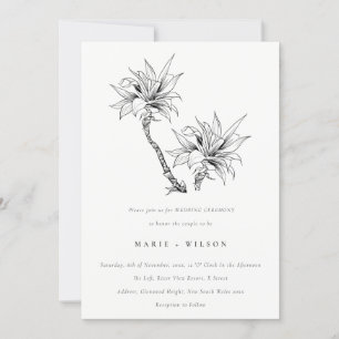 Invitation Tropical Rustic Palms noir blanc Mariage croquis