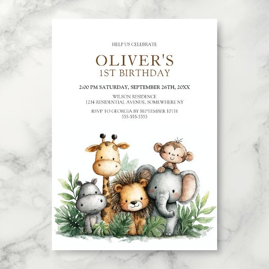 Invitation Tropical Safari Animals 1st Birthday Party