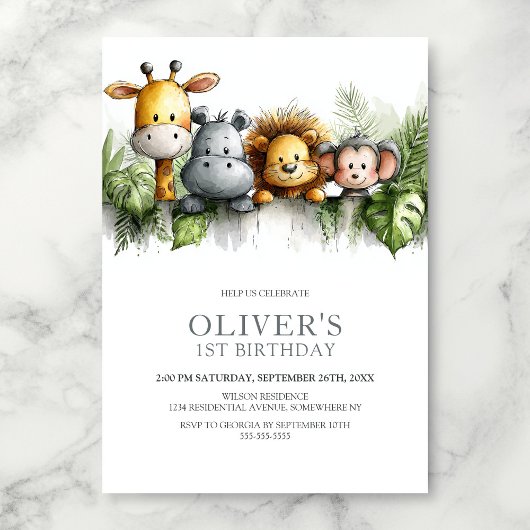 Invitation Tropical Safari Animals 1st Birthday Party