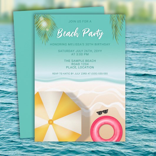 Invitation Tropical Sand Beach Waves fête d'anniversaire Turq