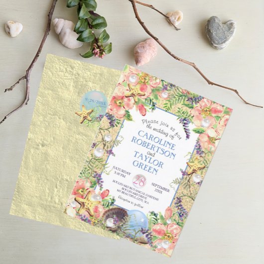 Invitation Tropical Sandy Beach Rose Seashell Pearl Mariage