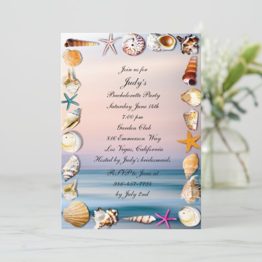 Invitation Tropical Sandy Beach & Seashell Bachelorette (Debout devant)