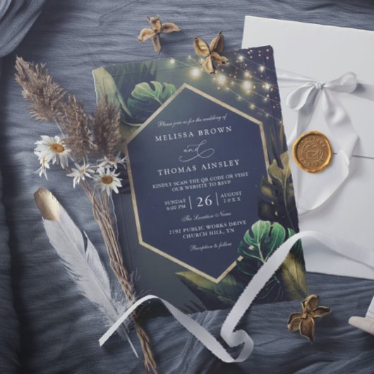 Invitation Tropical Seaside Night Gold Palms QR Code Wedding