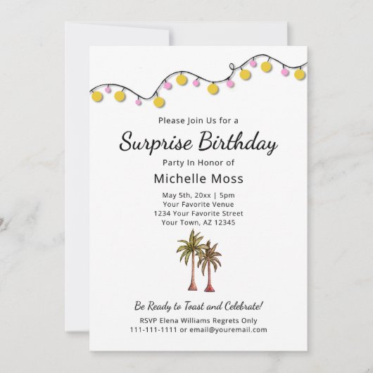 Invitation Tropical String Lights Palm Trees Anniversaire (Devant)