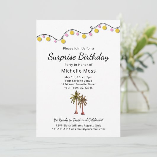Invitation Tropical String Lights Palm Trees Anniversaire (Debout devant)