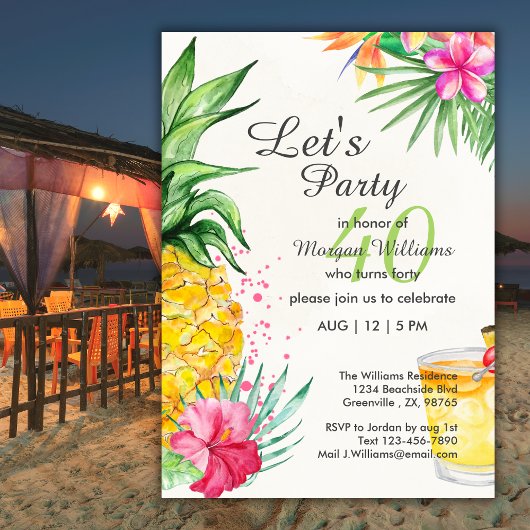 Invitation Tropical Summer Cocktail 40th Birthday Party