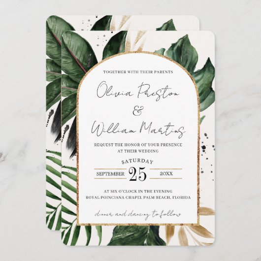 Invitation Tropical Summer Feuilles Arch QR Code RSVP Mariage (Devant / Derrière)