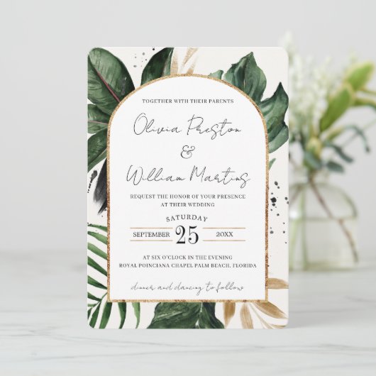 Invitation Tropical Summer Feuilles Arch QR Code RSVP Mariage (Debout devant)