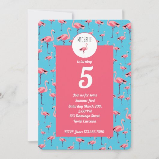 Invitation Tropical Summer Pink Flamant rose Girly 5e anniver (Devant)