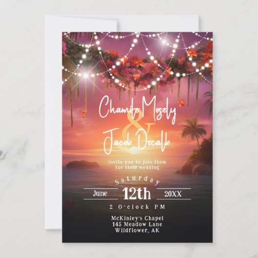 Invitation Tropical Summer Sunset Beach String Mariage (Devant)