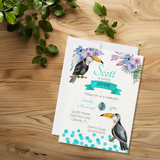 Invitation Tropical Summer Toucan Blue Anniversaire Party
