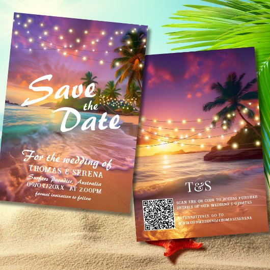 Invitation Tropical Sunset Beach QR Code Enregistrer La Date