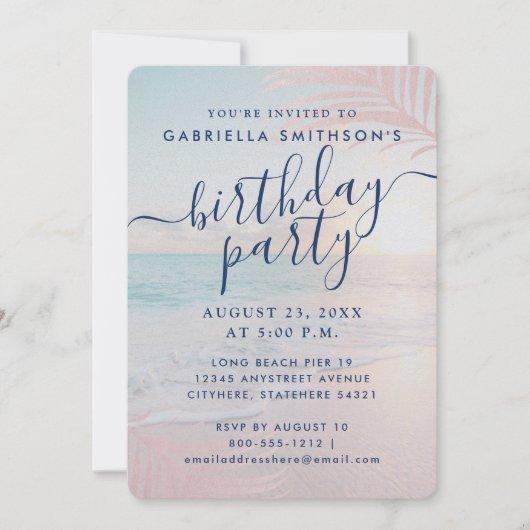 Invitation Tropical Sunset Beach rose Anniversaire Shimmer Pa (Devant)