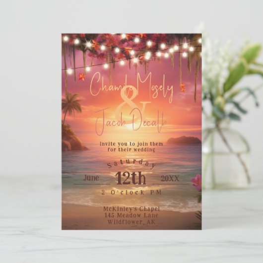Invitation Tropical Sunset Beach String Mariage (Debout devant)