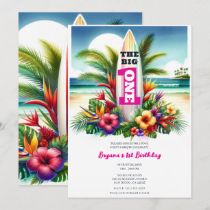 Invitation Tropical Surfboard The Big ONE 1ère fête d'anniver