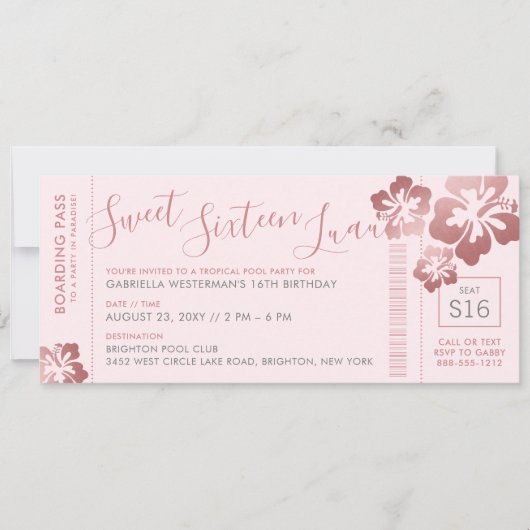 Invitation Tropical Sweet 16 Pool Luau Boarding Pass (Devant)