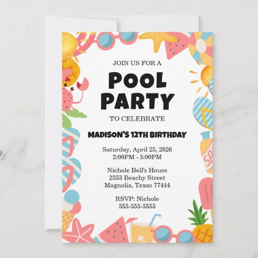 Invitation Tropical Swimming Pool Birthday Party (Devant)