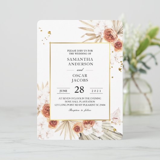 Invitation Tropical Terracotta séché Palm Leaf Gold Frame (Debout devant)