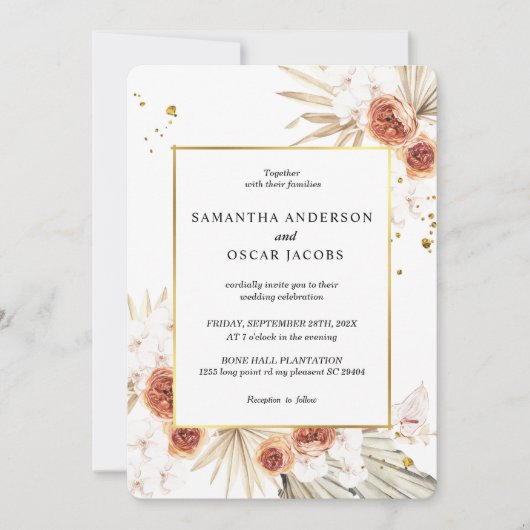 Invitation Tropical Terracotta séché Palm Leaf Gold Frame (Devant)