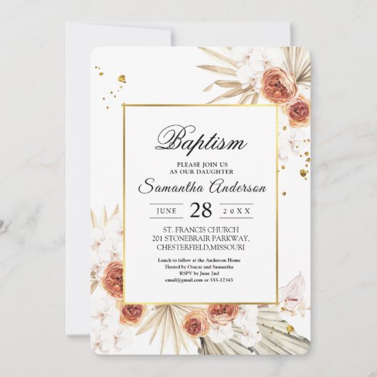 Invitation Tropical Terracotta séché Palm Leaf Gold Frame (Devant)