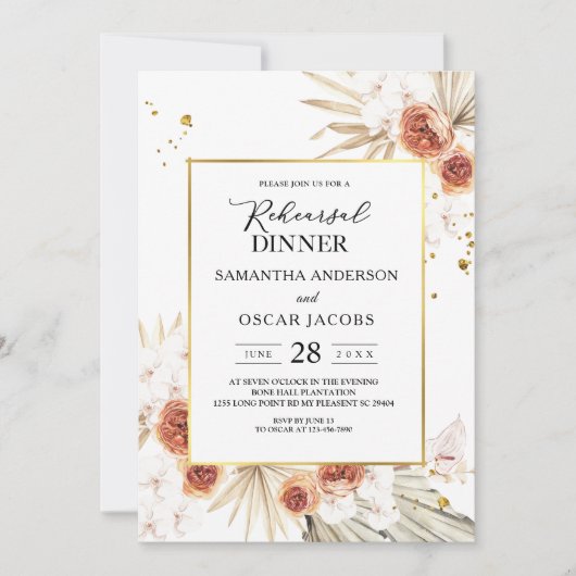 Invitation Tropical Terracotta séché Palm Leaf Gold Frame (Devant)