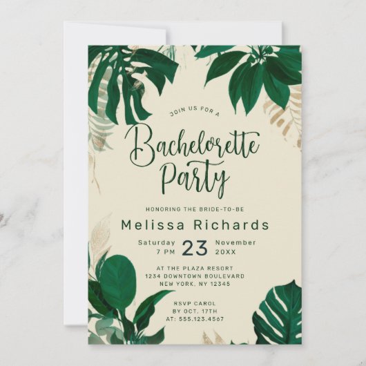 Invitation Tropical Thème Vert Feuille Bachelorette Party (Devant)