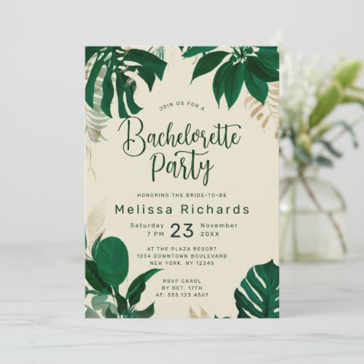 Invitation Tropical Thème Vert Feuille Bachelorette Party (Debout devant)