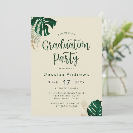 Invitation Tropical Thème Vert Feuilles Parti de Graduation (Debout devant)