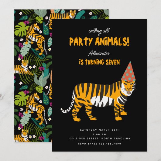 Invitation Tropical Tiger Jungle Animaux Fête Enfants Anniver (Devant / Derrière)