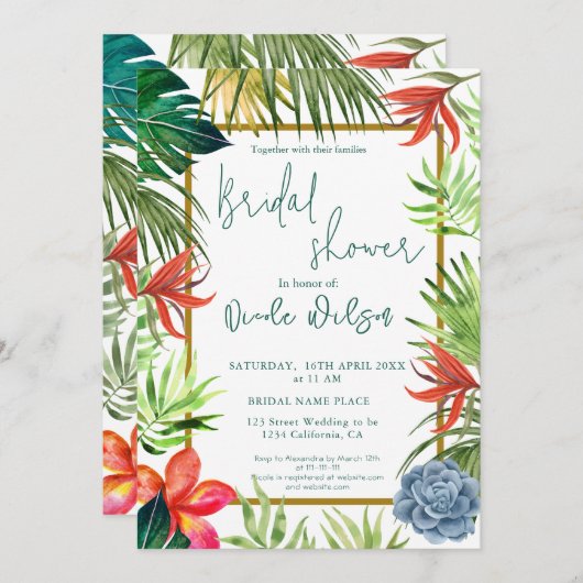 Invitation Tropical verdure palmier or script nuptiale douche (Devant / Derrière)