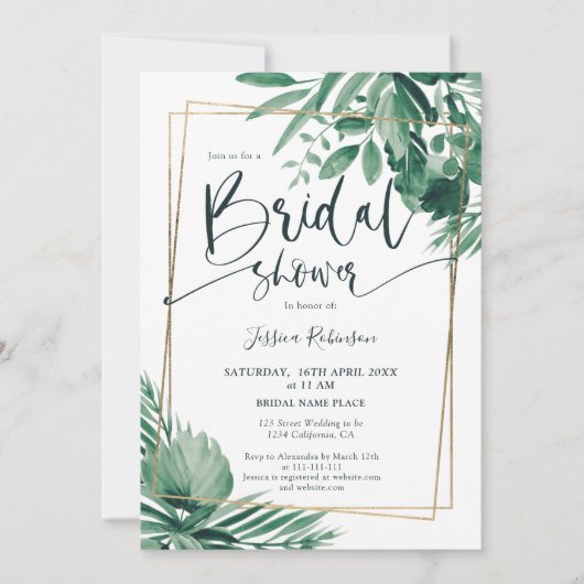 Invitation Tropical verdure palmier or script nuptiale douche (Devant)