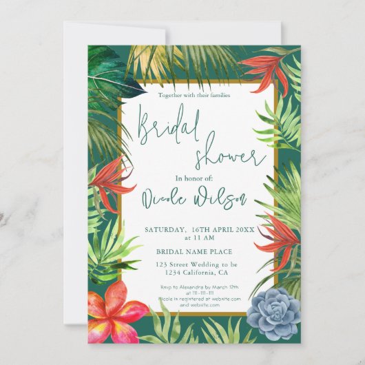 Invitation Tropical verdure palmier or script nuptiale douche (Devant)