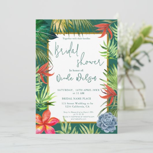 Invitation Tropical verdure palmier or script nuptiale douche (Debout devant)