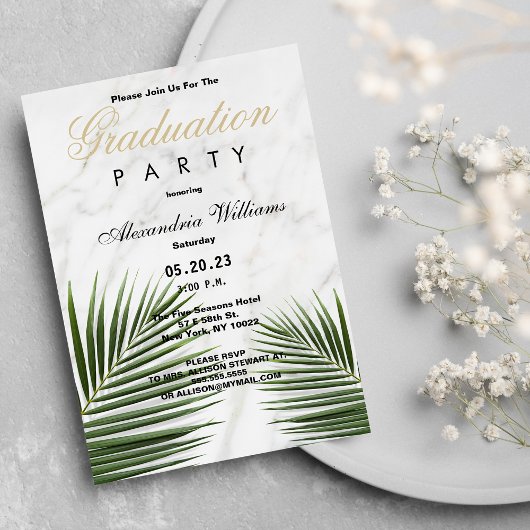 Invitation Tropical vert blanc marbre floral Graduation