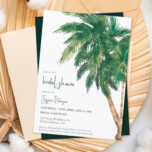 Invitation Tropical vert script palmier nuptiale douche