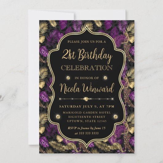 Invitation Tropical Violet & Or Imprimé Léopard Anniversaire  (Devant)