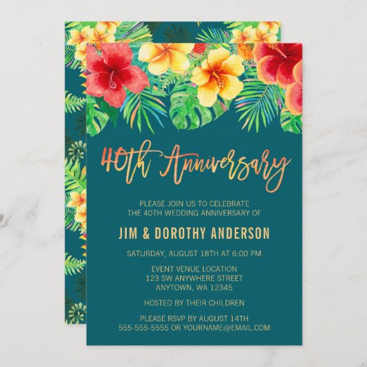 Invitation Tropical Watercolor Flower 40th Anniversary (Devant / Derrière)