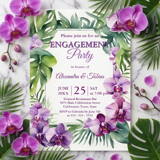 Invitation Tropical Watercolor Purple Orchid Engagement Party