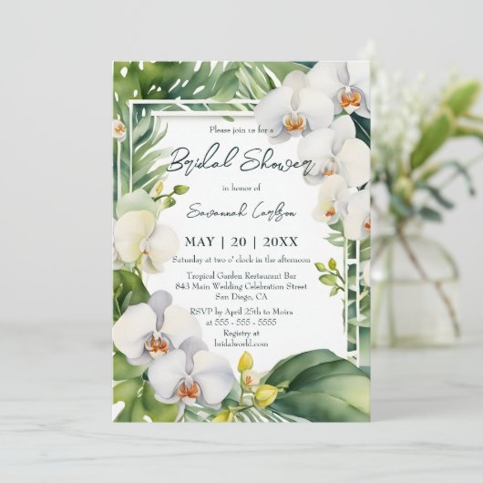 Invitation Tropical White Orchids Greenery Bridal Shower (Debout devant)