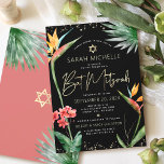 Invitation Tropicale Bat Mitzvah Noir Or Floral Aquarelle<br><div class="desc">Soyez fiers, réjouissez-vous et mettez en valeur ce jalon de votre Bat Mitzvah préférée avec cette invitation personnalisée et sophistiquée ! Des oiseaux stylisés, époustouflants, colorés et tropicaux aux fleurs de paradis aquarellées, une écriture manuscrite en faux or, une étoile de David et des points scintillants, ainsi qu'une typographie moderne...</div>