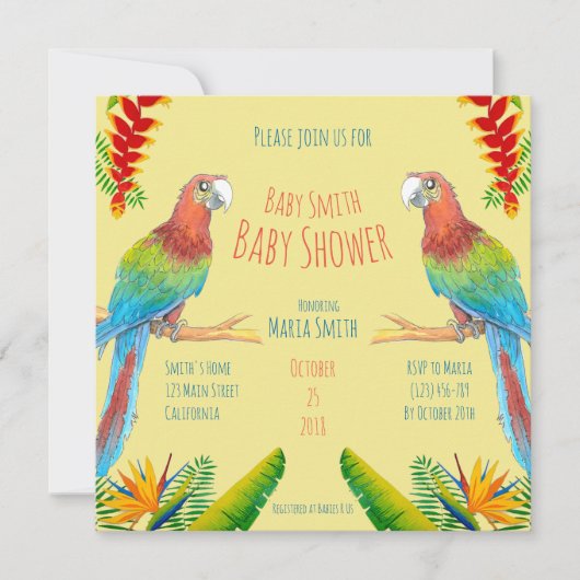 Invitation tropicale de baby shower de perroquet (Devant)