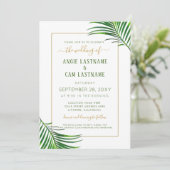 Invitation Tropiques modernes Palm Leaf Mariage vert et or (Debout devant)