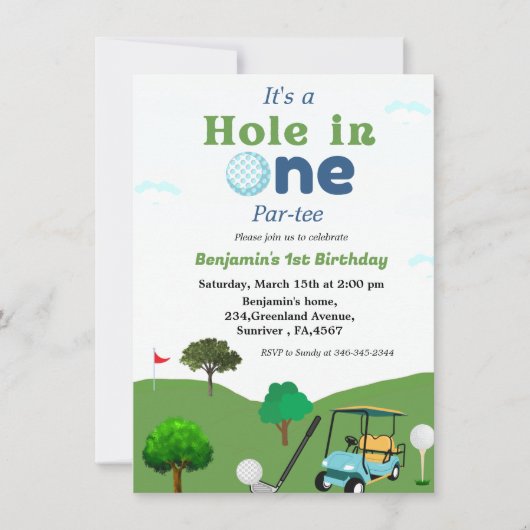 Invitation Trou dans un garçon de golf première fête d'annive (Devant)