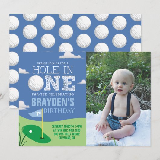Invitation Trou en un bleu Golf Thème Garçons Premier Anniver (Devant / Derrière)