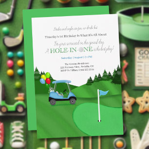Invitation Trou en un chariot de golf bleu 1er anniversaire